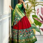 Women's Stitched Tussar Silk Patola Print Lehenga Choli Dupatta Set - Red